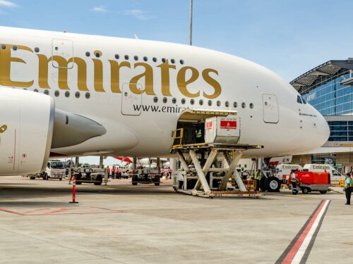 Ein Emirates A380 in Mauritius
